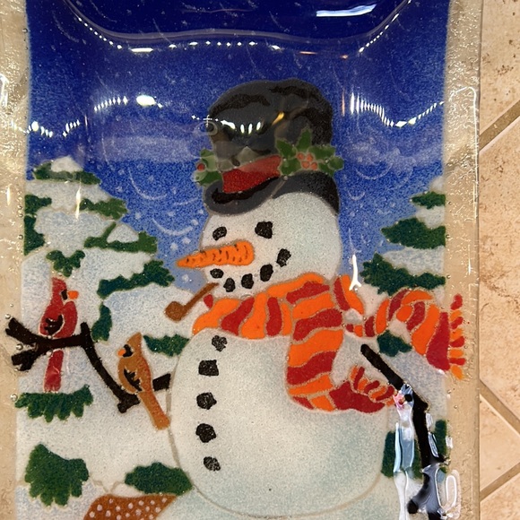 Peggy Karr Fused Art Glass Snowman Platter 13.75" x 8" Plate Signed Christmas - Picture 2 of 9
